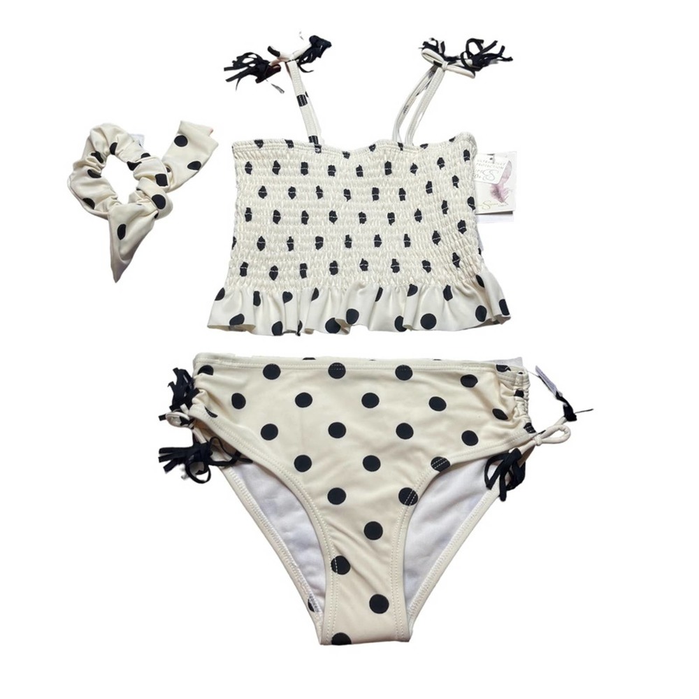 NWT Jessica Simpson girls poka dot swimsuit with matching scrunchie size 12